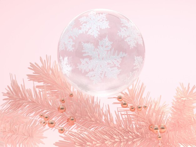 pink scene winter new year. abstract clear sphere snowflake 3d rendering