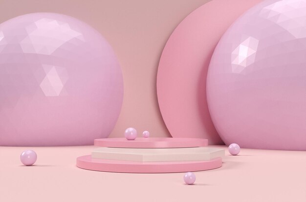 pink scene with balls and pastel podium Pink mock up scene with podium geometry shape for product