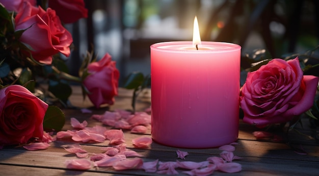 pink scented candle with rose petals