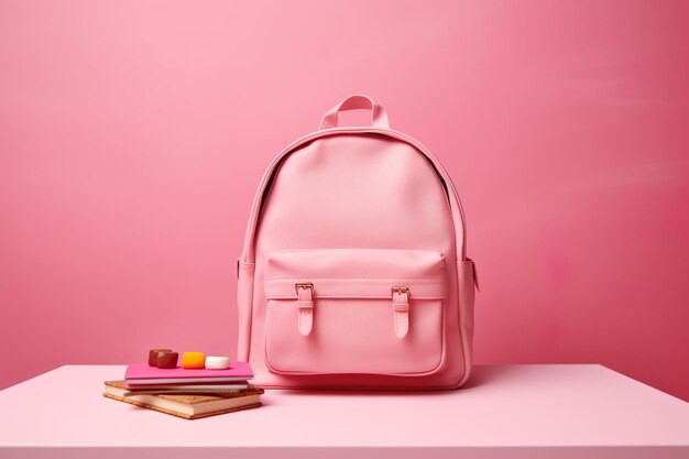 Pink school bag schoolbag backpack with textbooks books stationery on desk