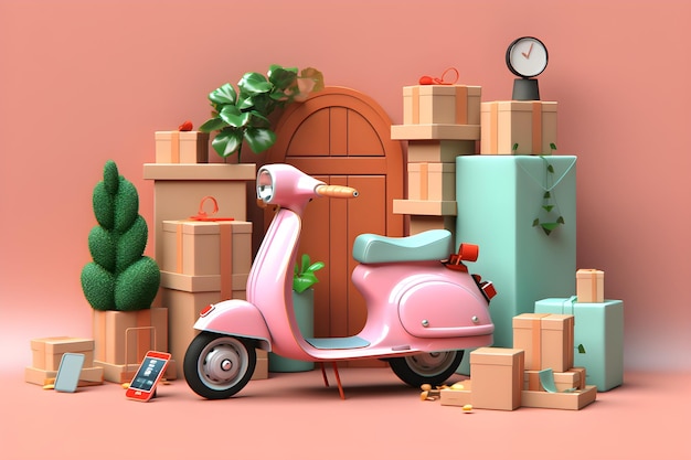 A pink scooter is in front of boxes and a tree with a clock on it.