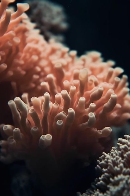 A pink sea anemone in a dark room