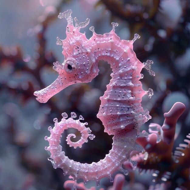 a pink sea horse with the coral