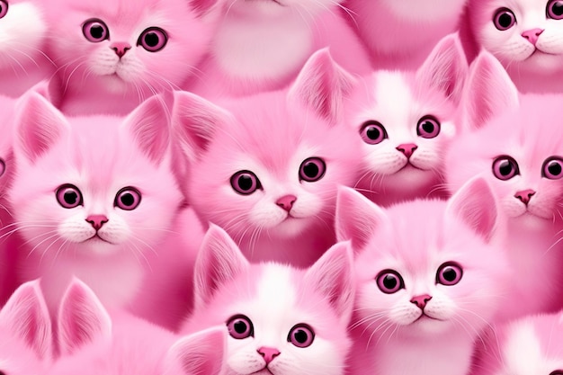 Pink seamless pattern with fluffy kitties Applicable for fabric print textile wrapping paper wallpaper Cute background with cats Girls style Repeatable texture Generative AI