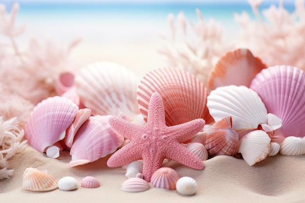 A pink seashell collection on a sandy beach pink life