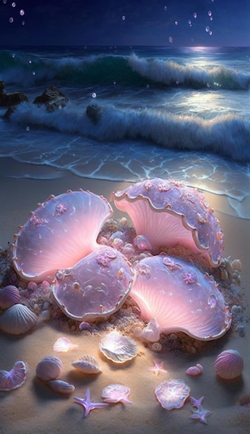 A pink seashell is on the beach.