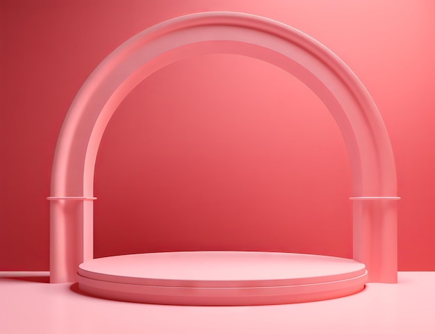 ミニマリストのステージデザインのスタイルのピンクの背景に3Dの丸い台座のピンクの形