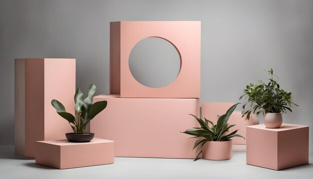 Photo a pink shelf with plants and a round mirror