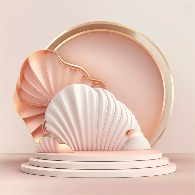 A pink shell with a gold rim sits on a pink background.