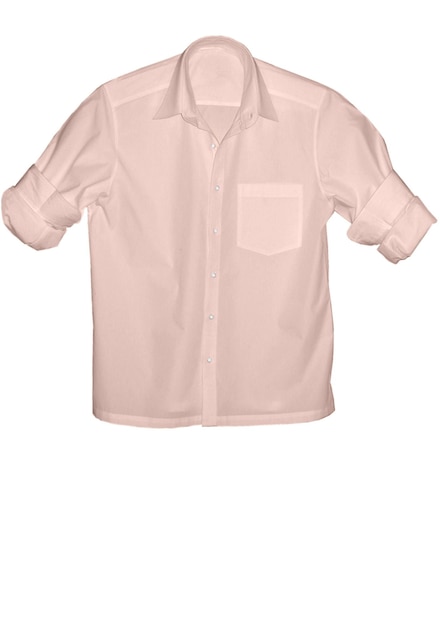 A pink shirt with a blue pocket is hanging on a white background.