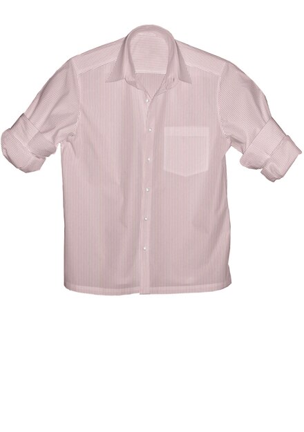 A pink shirt with a white stripe is hanging on a white background.