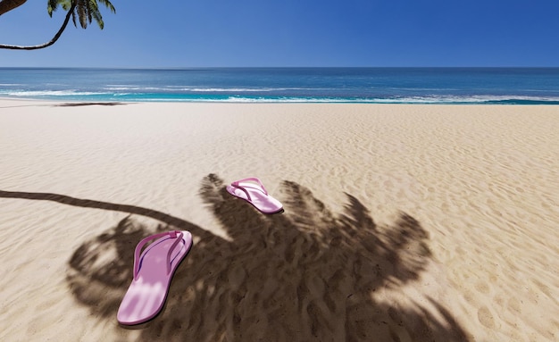 Pink shoes on clean beach in sunny day