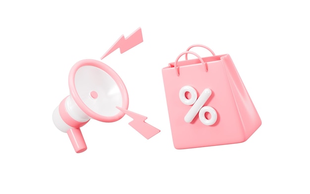 pink shopping bag with discount percent sign loudspeaker and shopping bag marketing discount promotion concept 3d rendering