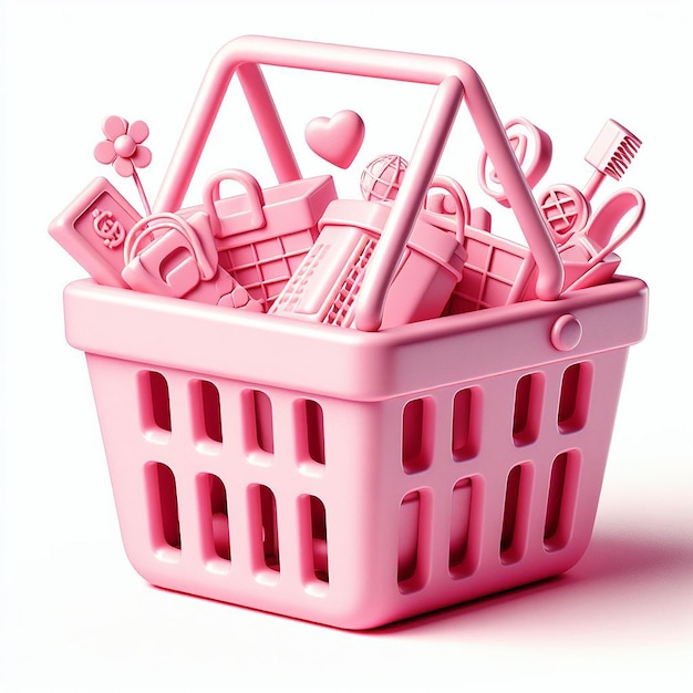 Pink shopping basket 3d vector illustration isolated on white