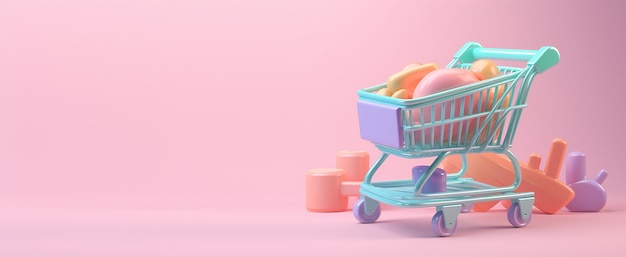 A pink shopping cart with a pink background and a woman in a pink shirt with a blue shopping cart.