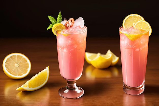 A Pink shrimp cocktail with chilled shrimp cocktail sauce and lemon wedges illustration generative ai