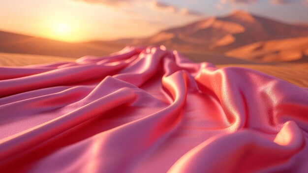 Photo pink silk fabric draped in the desert at sunset