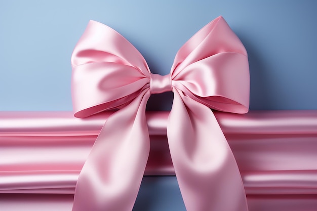 Photo pink silk ribbon and bow on blue background