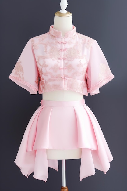 A pink silk skirt with a floral pattern on the front.