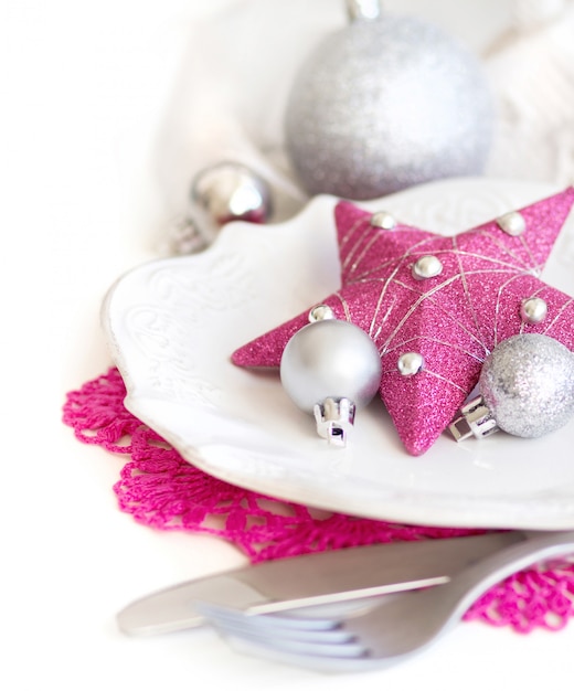 Pink  and silver Christmas Table Setting close up