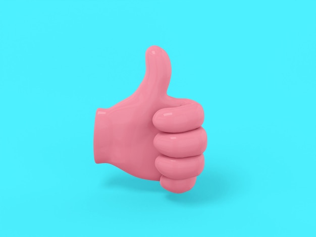 Pink single color palm with thumb up on a blue monochrome background. Minimalistic design object. 3d rendering icon ui ux interface element.