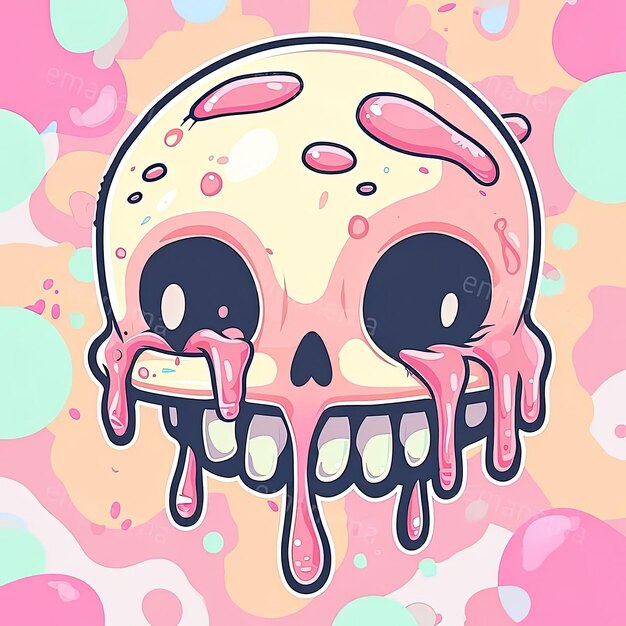 A pink skull with dripping blood on its face