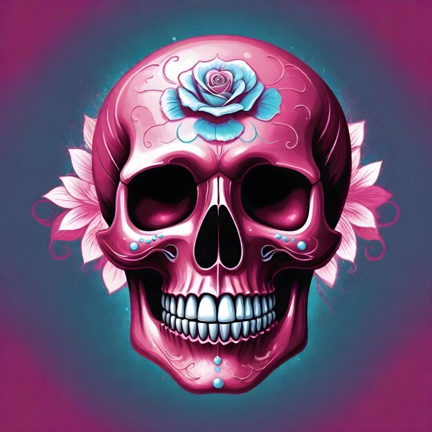 a pink skull with a flower on it is painted on a purple background