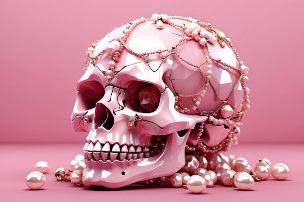 Розовый череп с золотыми цветами