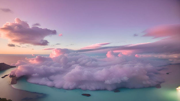 雲の上に単語雲があるピンクの空