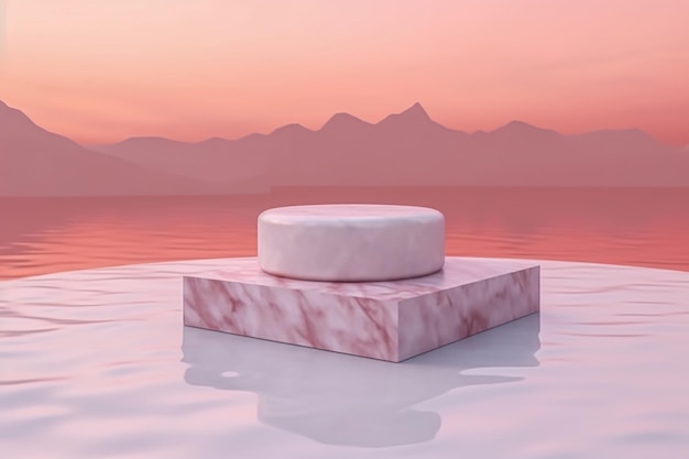 розовое небо и розовая продуктовая платформа в виде моря