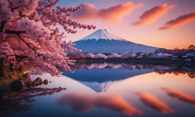 a pink sky and a reflection of a mountain in the water