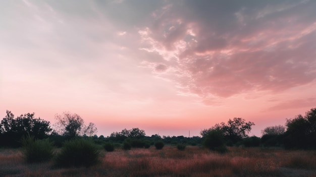 A pink sky with clouds and a pink sky