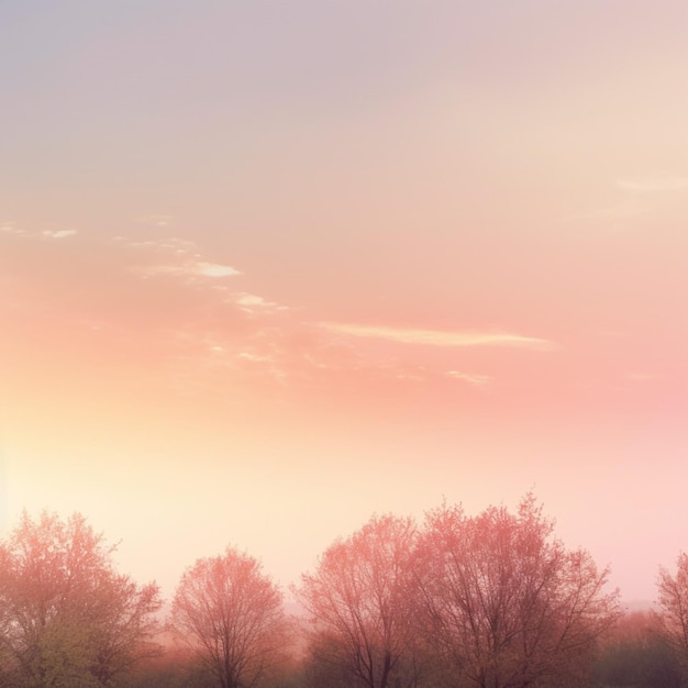 A pink sky with a few clouds and a few trees