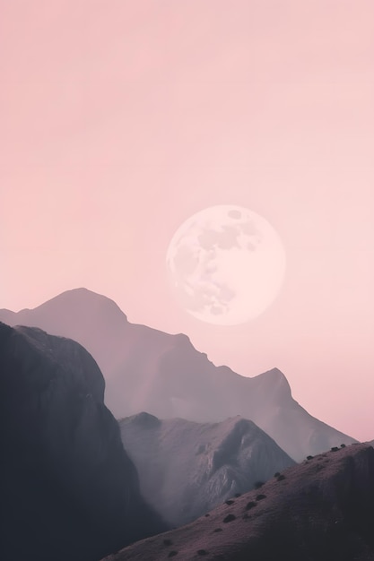 A pink sky with a moon above it