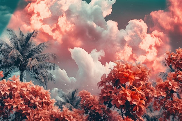 A pink sky with palm trees and a pink sky with clouds