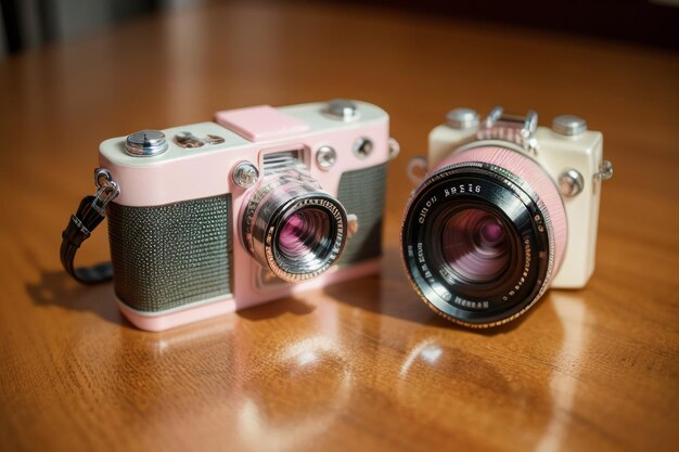 写真 テーブルの上のピンクの一眼レフカメラ美しい女性のカメラ機器の壁紙の背景