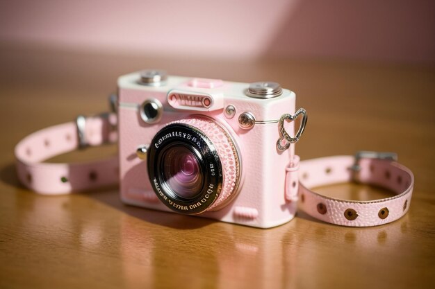 pink slr camera on the table beautiful lady camera equipment wallpaper background