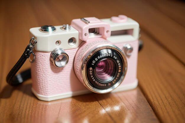 Photo pink slr camera on the table beautiful lady camera equipment wallpaper background