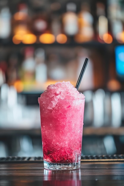 Pink slushy strawberry watermelon drink with a straw on a bar counter