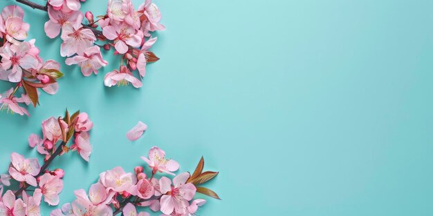 Photo pink small flowers on a turquoise on copyspace backdrop