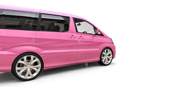 Pink small minivan for transportation of people. Three-dimensional illustration on a glossy white background. 3d rendering.
