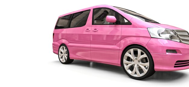 Pink small minivan for transportation of people Threedimensional illustration on a glossy white background 3d rendering