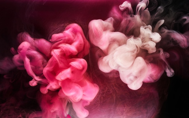 Pink smoke on black ink background, colorful fog, abstract swirling touch ocean sea, acrylic paint pigment underwater