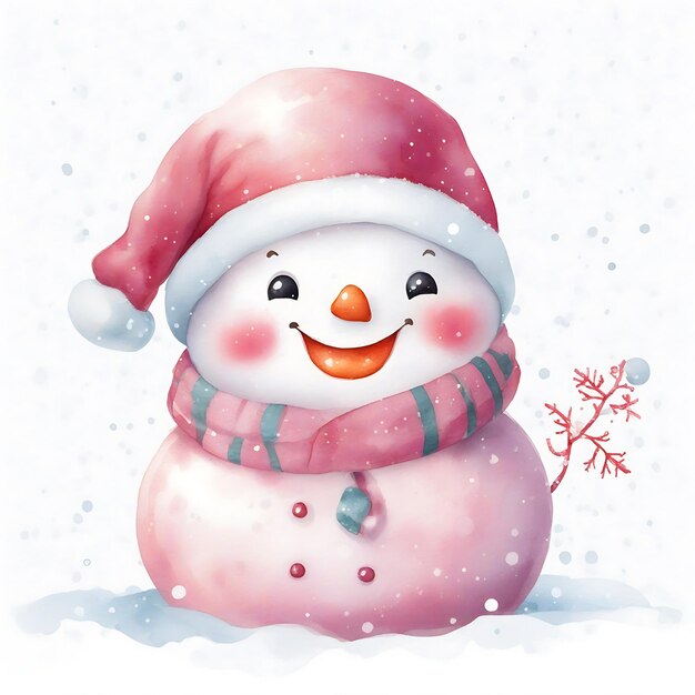 Розовый снеговик и Рождественская ночь Иллюстрация с снеговиком, украшающим Рождественскую ночь