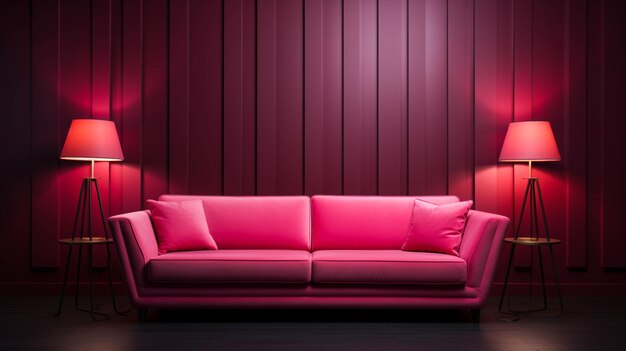 Pink sofa and electric lamp in living room