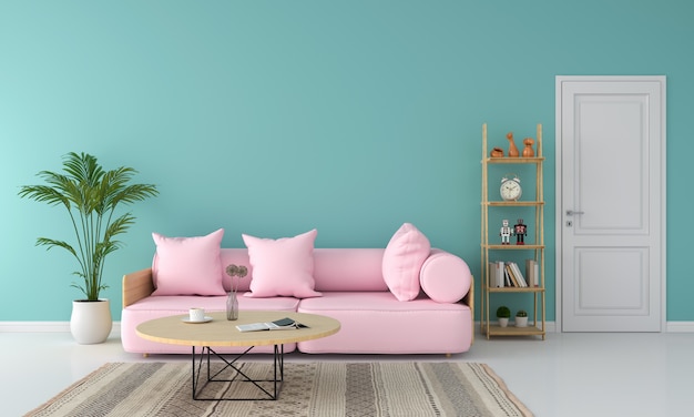 Photo pink sofa in living room, summer color concept