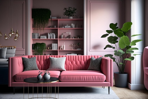 A pink sofa in a living room with a plant on the wall.