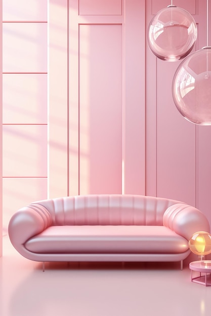 窓のあるピンクの部屋のピンク色のソファ