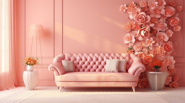 ピンクの部屋にピンクのソファ