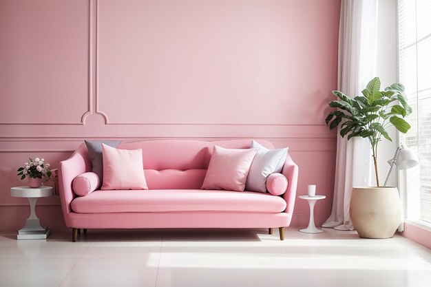 Pink sofa in white living room with copy space